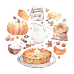 Watercolor pumpkin pie frame. Baking ingredients, pumpkin, sugar, flour. Hand drawn illustration.