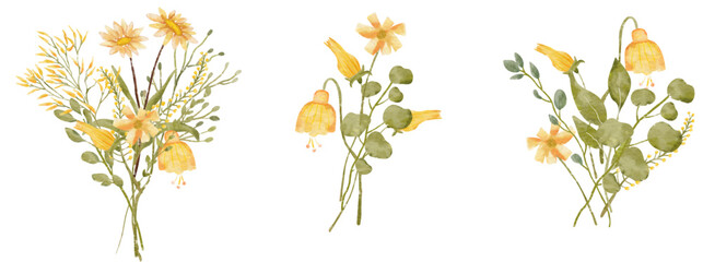 Watercolor bouquet of wildflower flowers and leaves Suitable use for wedding invitation, greetings cards, decoration in your card, etc.