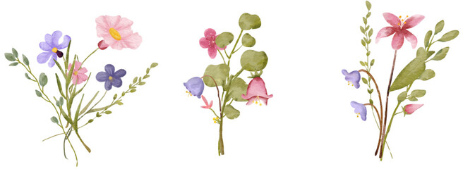 Watercolor bouquet of wildflower flowers and leaves Suitable use for wedding invitation, greetings cards, decoration in your card, etc.