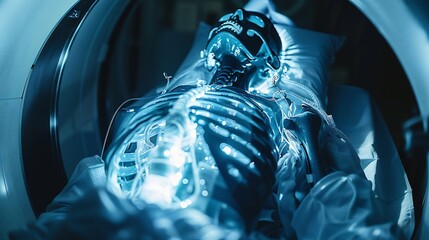 Patienta??s torso inside MRI machine, close-up..