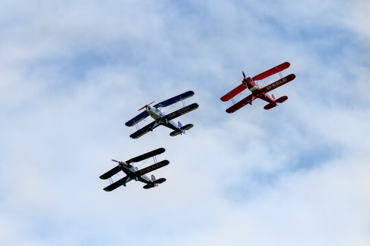 Plasy, Czech Republic - April 28, 2024: Day in the Air 2024 (Air Day near Plzeň) - Biplane aerobatic group - B&uuml;cker 131 Jungmann