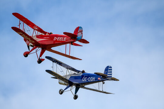 Plasy, Czech Republic - April 28, 2024: Day in the Air 2024 (Air Day near Plzeň) - Biplane aerobatic group - B&uuml;cker 131 Jungmann