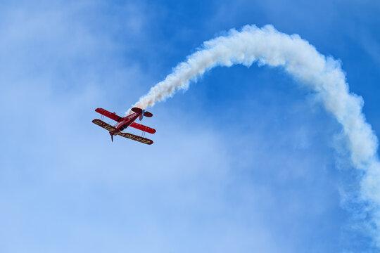 Plasy, Czech Republic - April 28, 2024: Day in the Air 2024 (Air Day near Plzeň) - Biplane aerobatic group - B&uuml;cker 131 Jungmann