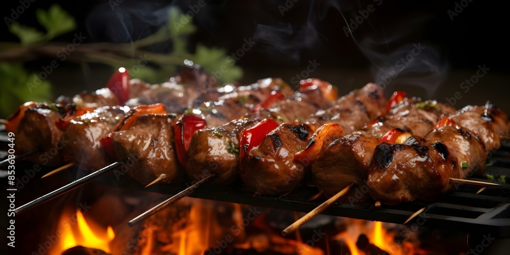 Wall mural Sizzling Spicy Shish Kebabs on Skewers Flavorful and Hot. Concept Grilled Recipes, Summer BBQ, Food Photography, Spicy Flavors, Skewered Delights - Wall murals