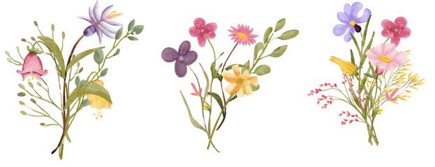 Watercolor bouquet of wildflower flowers and leaves Suitable use for wedding invitation, greetings cards, decoration in your card, etc.