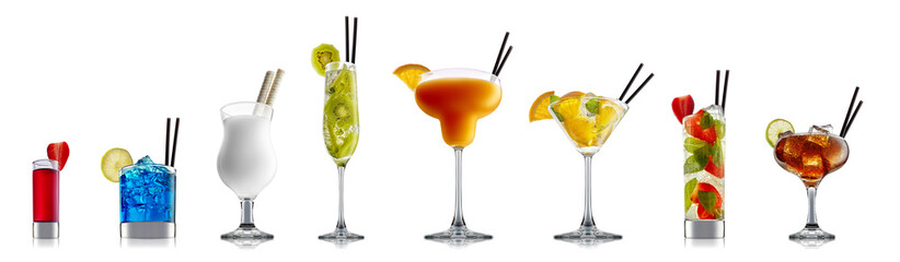 Set of cocktails with decoration from fruits isolated on white background