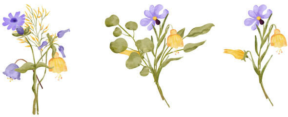 Watercolor bouquet of wildflower flowers and leaves Suitable use for wedding invitation, greetings cards, decoration in your card, etc.