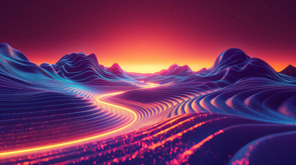 Dynamic neon light trails forming an abstract 3D landscape. Cartoon illustrations Generative AI