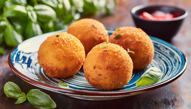 Sicilian arancini on plate. Fried rice balls. Delicious Italian dish. Tasty food. Culinary concept.