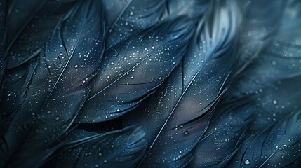 A close up of a feather with water droplets on it