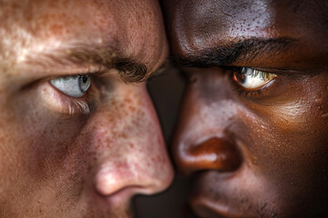 Obraz premium Ethnic conflict between an African American and a Caucasian men expressed in two faces of different races with angry eyes looking at each other. Generative AI