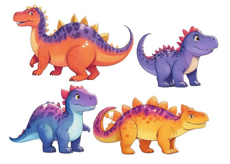 Collage set of cute cartoon dinosaurs. Watercolor clip art, isolated transparent background.