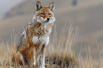 A Ethiopian wolf trotting across the highlands, its slender, reddish body and pointed ears keenly alert to its surroundings. 