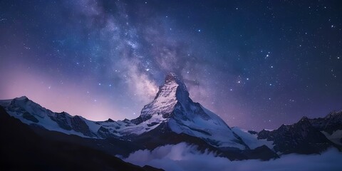 Ultra HD image of snowy mountain range under starry sky with Milky Way. Concept Mountain Photography, Starry Sky, Milky Way, Snowy Landscape, Ultra HD Image