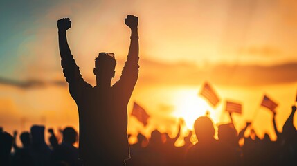 Man stands to the back and holds up his right arm with a fist, in the blurred background with many cheering people with American flags, election in USA, striking illustration, HD,