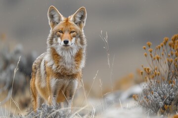 Fototapeta premium A Ethiopian wolf trotting across the highlands, its slender, reddish body and pointed ears keenly alert to its surroundings. 