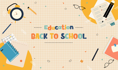 Colorful Back to School Concept with Educational Supplies and Stationery on a Grid Background. Perfect for School, Learning, and Education Themes. vector vector Illustrations