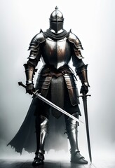 Majestic portrait of a noble medieval knight clad in ornate steel plate armor, his sword at the ready
