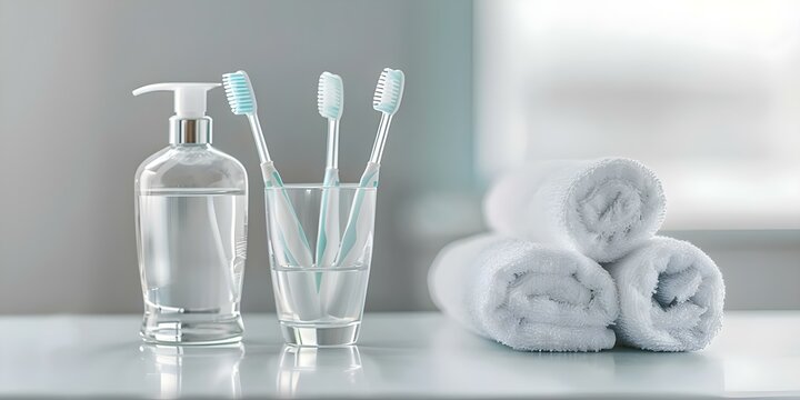 Five toothbrushes in glass cup mouthwash toothpaste rolled towel on dressing table. Concept Dental hygiene, Morning routine, Bathroom essentials, Dental care, Daily rituals