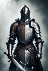 Majestic portrait of a noble medieval knight clad in ornate steel plate armor, his sword at the ready