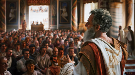 Naklejka premium Ancient philosophers speaking to audience in a historical setting