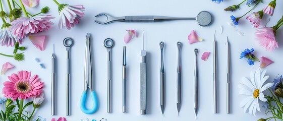 Petal microsurgery tools arranged neatly on a white surface