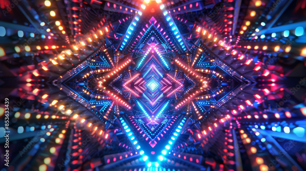 Poster a mesmerizing array of neon lights forming a 3d geometric pattern. cartoon illustrations generative 