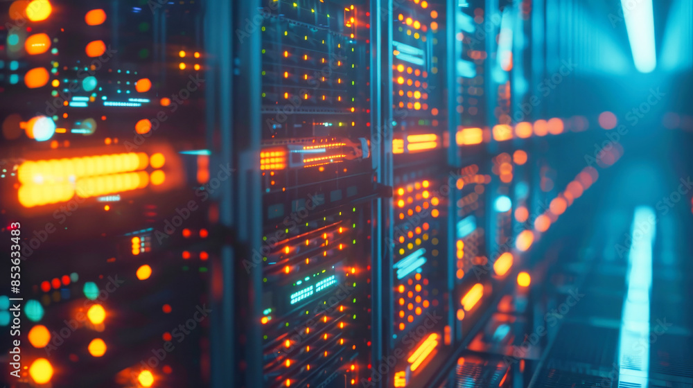 Poster data center with a row of computer servers. abstract generic concept of cyberspace, communication an