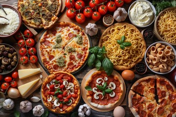 Fototapeta premium Italian Food Spread With Pizza, Pasta, and Fresh Ingredients