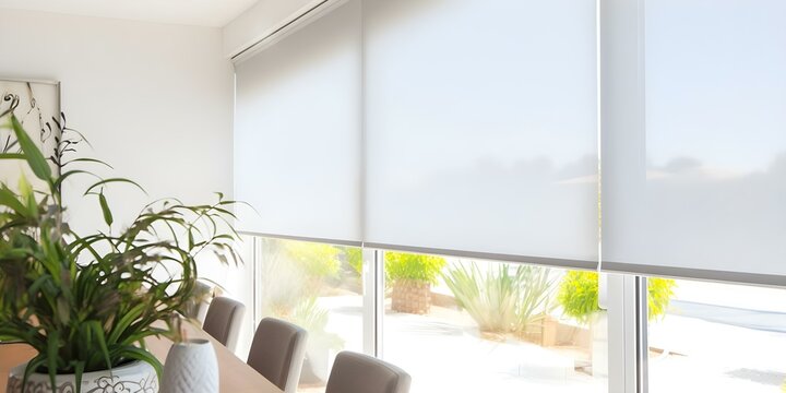 Automated Roller Blinds and Solar Shades Enhancing a Modern Smart Home. Concept Smart Home Technology, Automated Blinds, Solar Shades, Modern Design, Home Automation