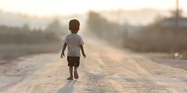 The Symbolism of a Hungry Child on a Rough Road War, Poverty, and Human Rights Violations. Concept Symbolism, Hungry Child, Rough Road, War, Poverty, Human Rights Violations