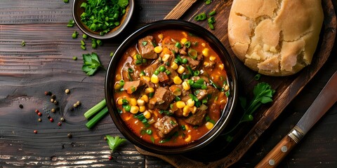 Hearty and Traditional Argentine Locro Stew with Corn, Meat, and Green Onions. Concept Argentine cuisine, traditional recipes, locro stew, corn dishes, hearty meals