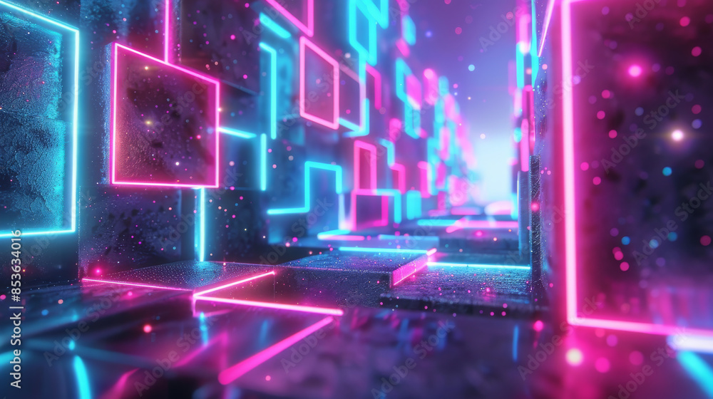 Poster a mesmerizing array of neon lights forming a 3d geometric pattern. cartoon illustrations generative 
