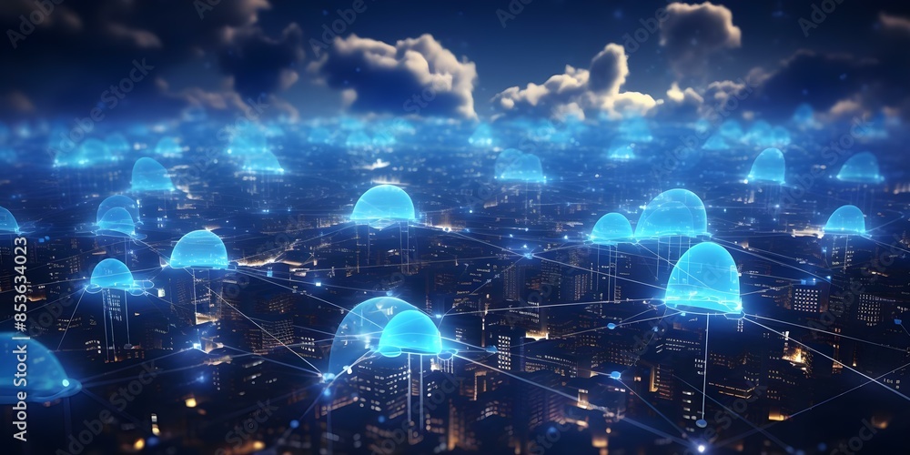 Poster cloud computing uses distributed networks for digital data transfer across locations. concept cloud 
