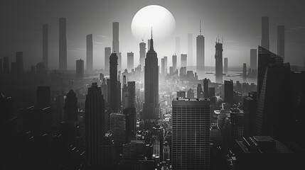 A city skyline with a large moon in the sky