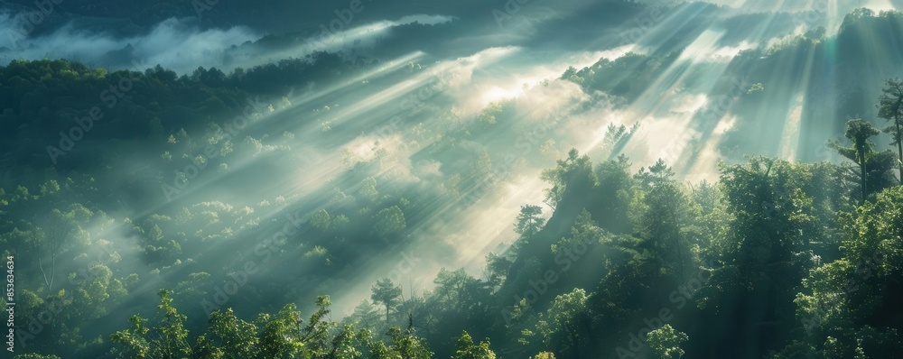 Poster sunbeams filtering through a lush forest canopy, creating an ethereal and tranquil atmosphere in a v