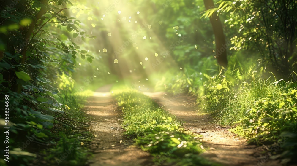 Poster sunlit forest path with lush green foliage, dappled light filtering through the trees creating a ser