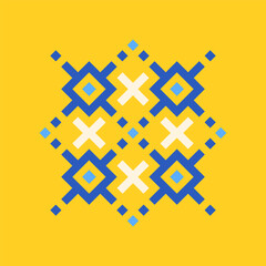 logo for traditional Ukrainian embroidery pattern, simple vector logo design icon, blue and yellow colors, symmetrical composition, geometric shapes, , minimalist style, modern aesthetic.