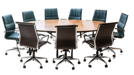 Fototapeta premium Round table meeting room with chairs, each chair with realistic textures, transparent background