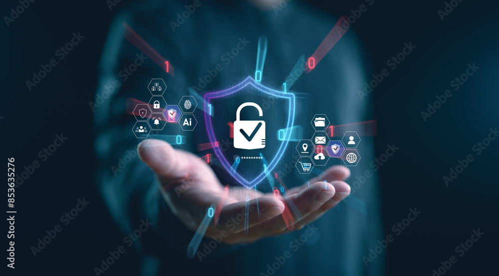 Aufkleber Cybersecurity and privacy concepts to protect data. Lock icon and internet network security technology. Businessman show protecting personal data on hand, virtual screen interfaces. cyber security.