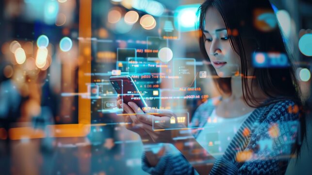 Woman using smartphone for e-payment via mobile banking app with financial technology, e-wallet currency exchange.AI generated image