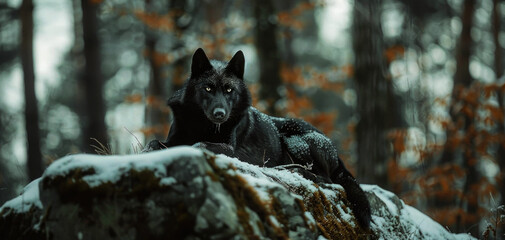 wolf lying on the rock at winter