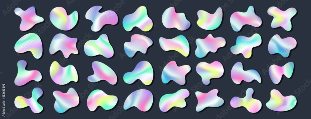 Poster holographic liquid metal blobs set. iridescent chrome drops or hologram irregular freeform shapes. r