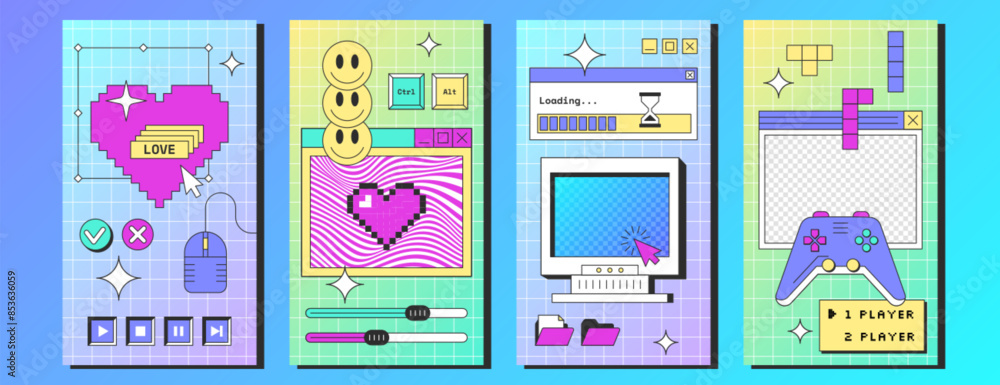 Poster social media posters template with retro desktop computer interface with buttons, folders, game cons