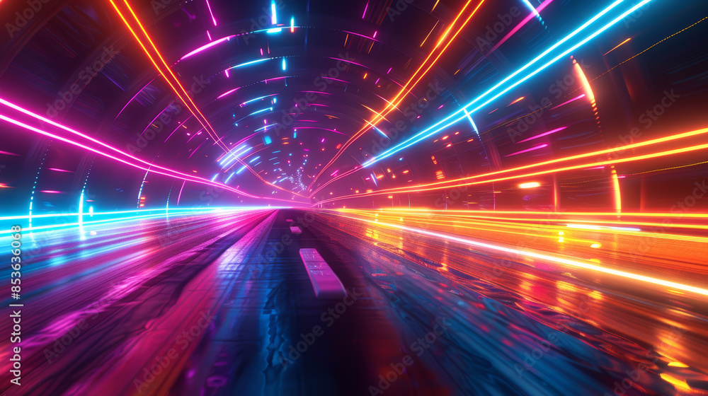 Poster an abstract 3d scene with neon light beams converging and diverging. cartoon illustrations generativ