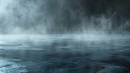 Mysterious mist over a calm body of water with dark, moody sky. Perfect for backgrounds, atmospheric scenes, and nature themes.