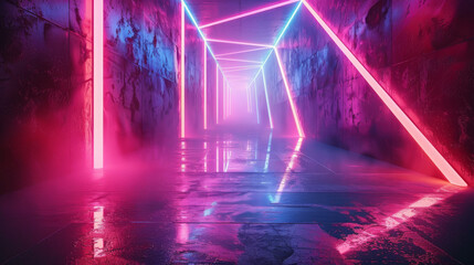 An abstract 3D scene with neon light beams converging and diverging. Cartoon illustrations Generative AI