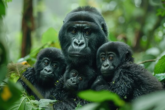 A family of mountain gorillas sitting in a dense forest, the silverback watching protectively over his group while young gorillas play nearby.