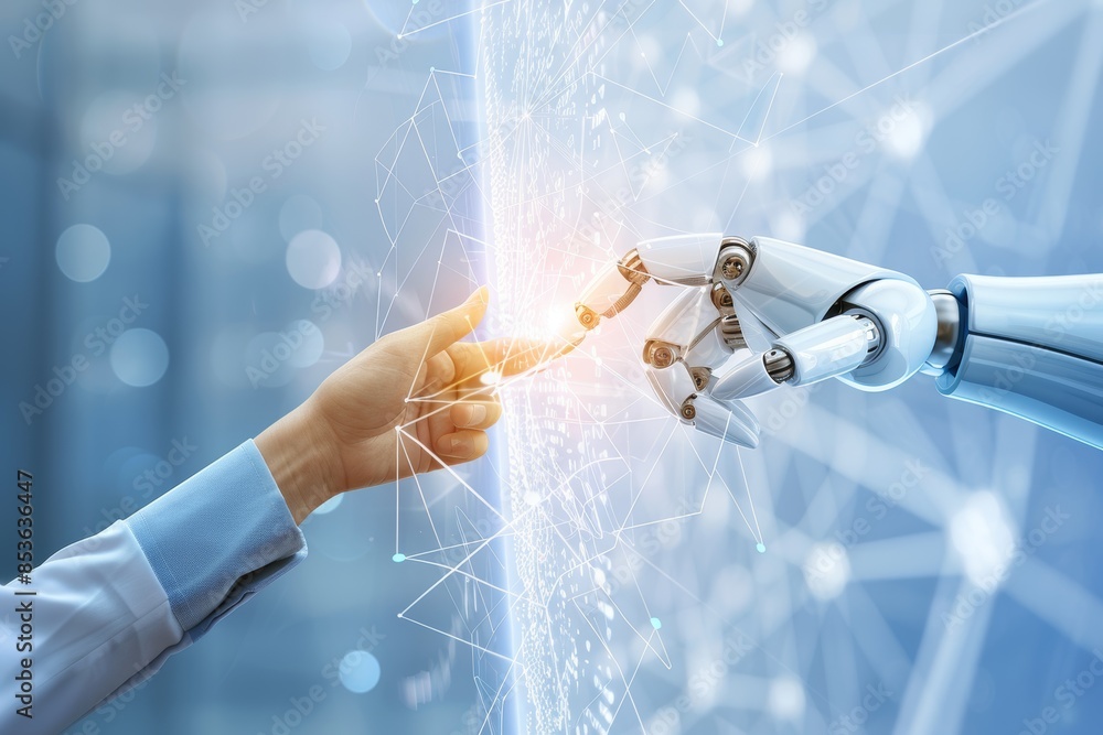 Aufkleber human and robotic hands touching surrounded by digital data connections and code kaleidoscope