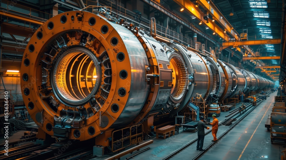 Poster massive tunnel boring machine in factory. large tunnel boring machine being assembled in a spacious,